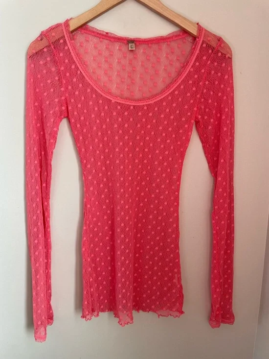 Free People Sheer Pink Polka Dot Lace Long Sleeve Top Size XS Boho Y2K indie - Picture 2 of 11